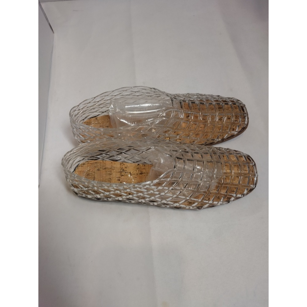 Clear Woven Jelly Flats Square Toe Slip On Summer Shoes Cork Footbed Size 37 NEW - Picture 1 of 5